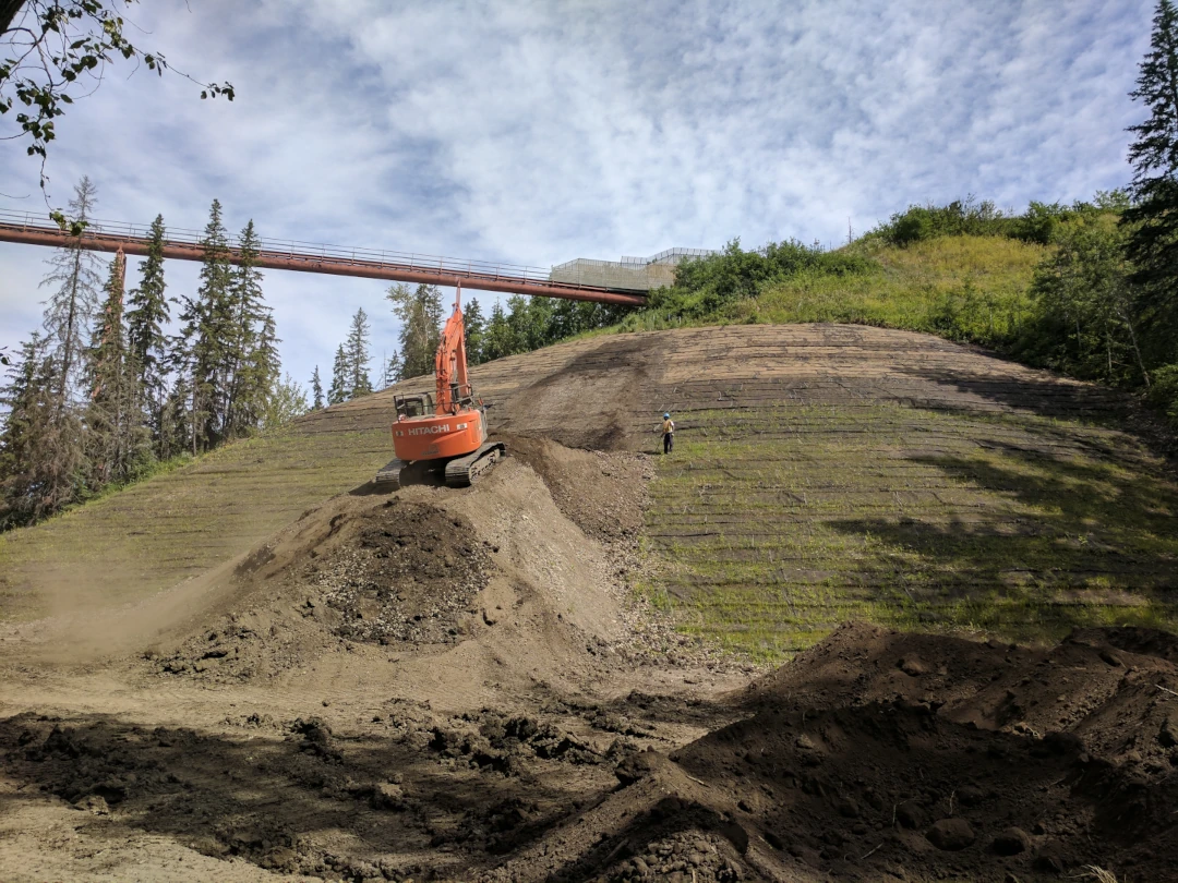 Excavator on a mound of dirt on a grassy hill. There is a worker giving directions