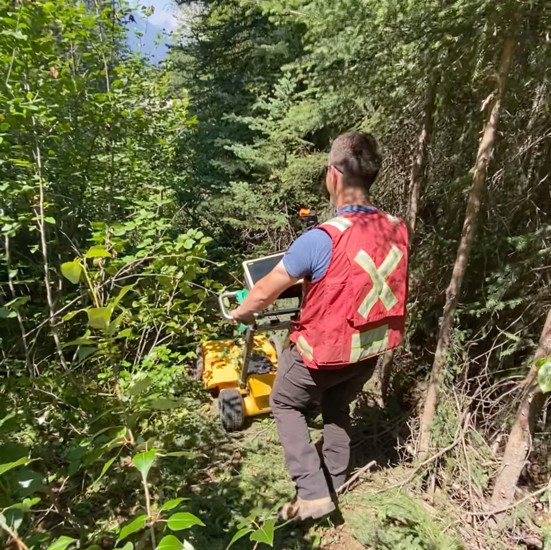 Utility locating technician walking though bushes pushing the Ground Penetrating Radar (GPR) machine to read the ground for any underground anomalies.