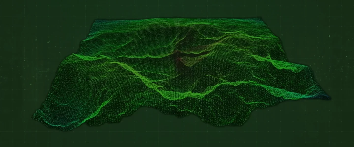 A 3D Topographic map, the various elevations being shown by various colours and contours.