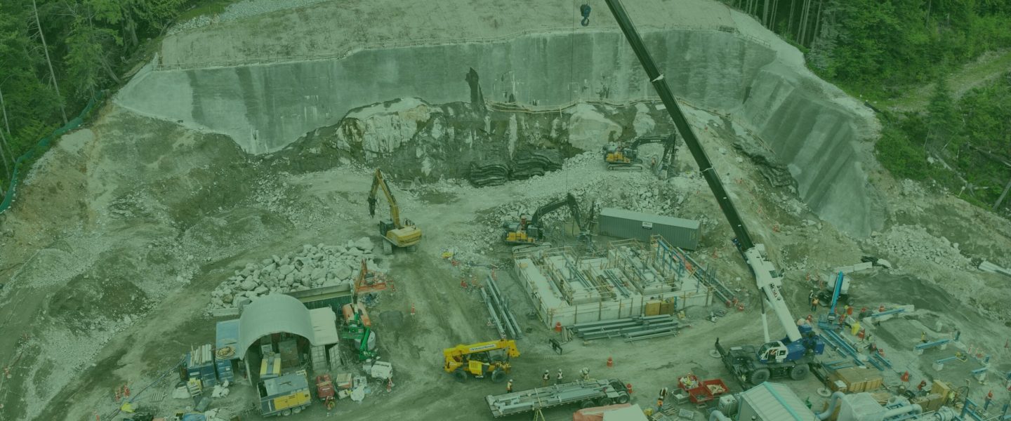 Aerial drone view of dam construction site